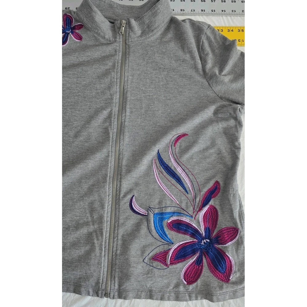 Weekends by Chicos Full Zip Jacket Womens 2 Gray Excellent Floral Embroidered